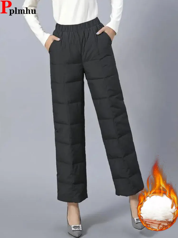 Thicken Windproof Puffy Wide Leg Pants Winter Down Cotton Casual Thick Warm Women Pantalones Snow Wear New High Waist Spodnies