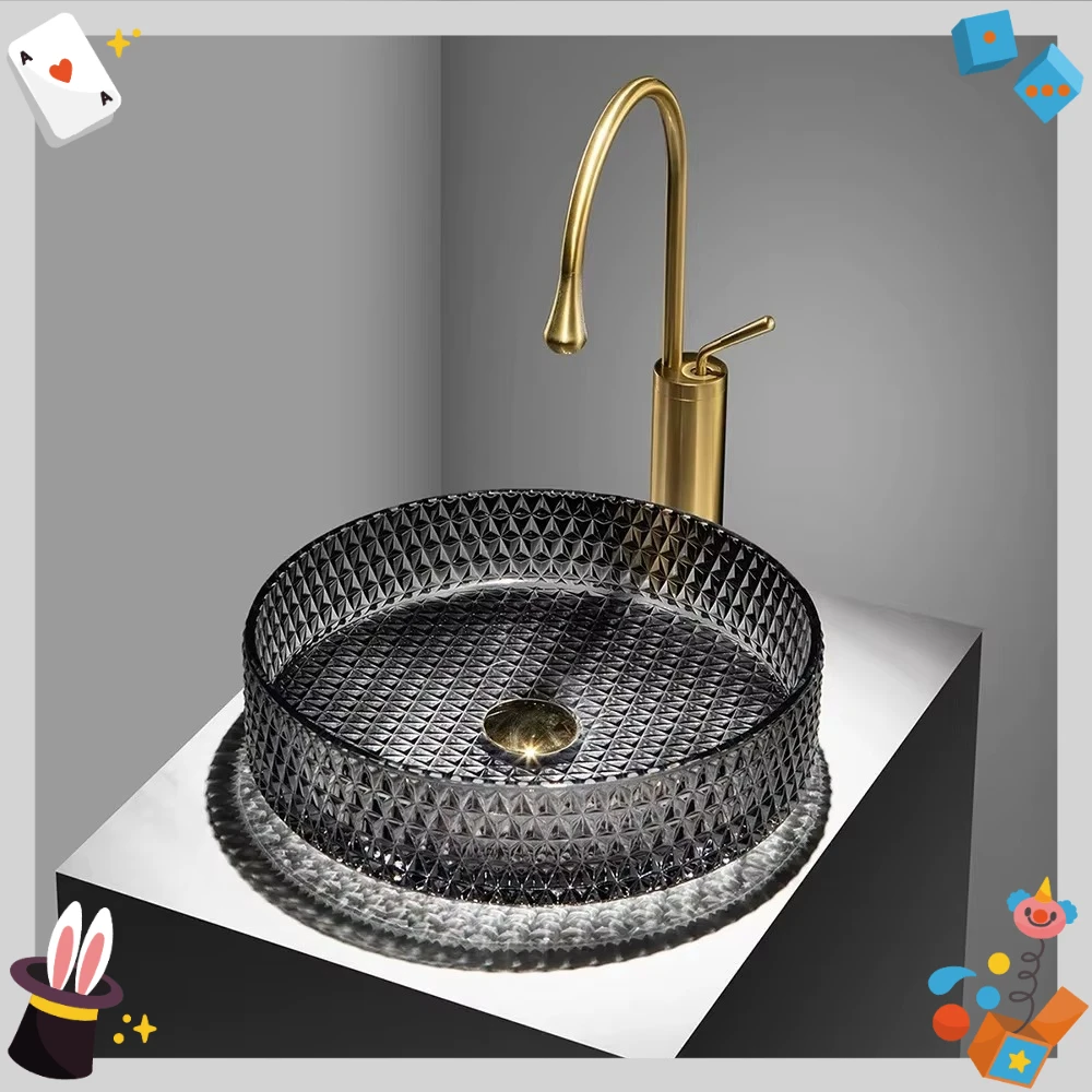 Fregadero de cristal redondo moderno, recipiente de diamante colorido, lavabo de vidrio templado artístico con escurridor para uso en el baño del hotel