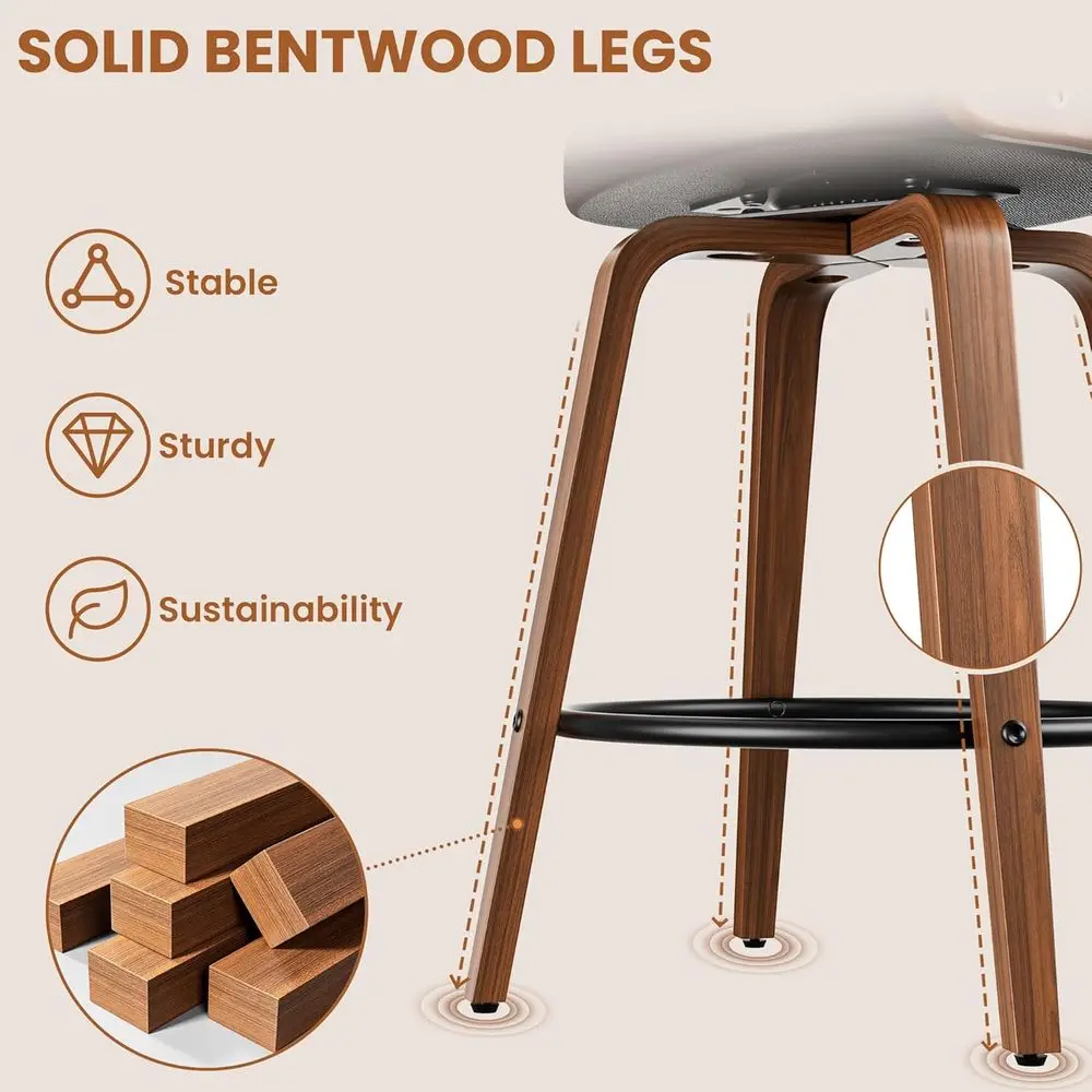 زوج من 26 مقعدًا دوارًا، منجدًا من الجلد الأسود، تصميم من خشب Bentwood لارتفاع العداد، مناسب لجزر المطبخ وبا #6