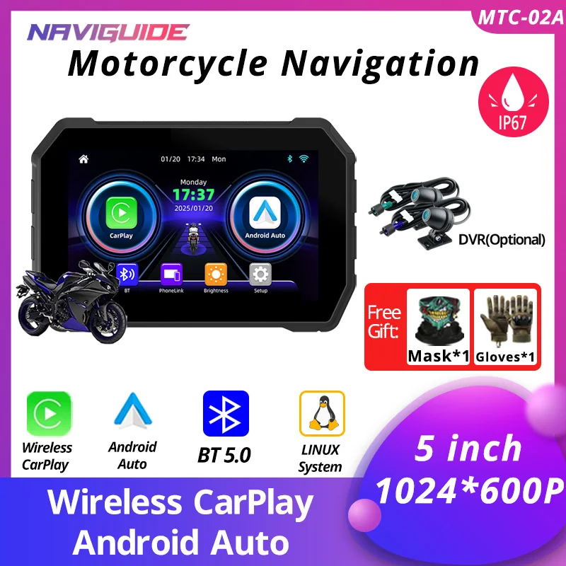 

NAVIGUIDE 5 inch MTC-02A DVR Carplay Display Screen Portable Motorcycle Android Auto GPS New Design MOTO Navigation Speed IP67