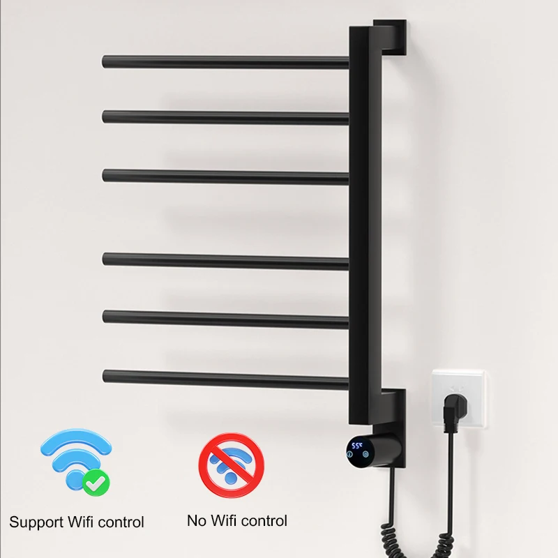 Wall Mounted Heated Towel Rack with Timer 6-Bar Electric Towel Warmer Rail WiFi & Non-WiFi Versions For Modern Bathrooms