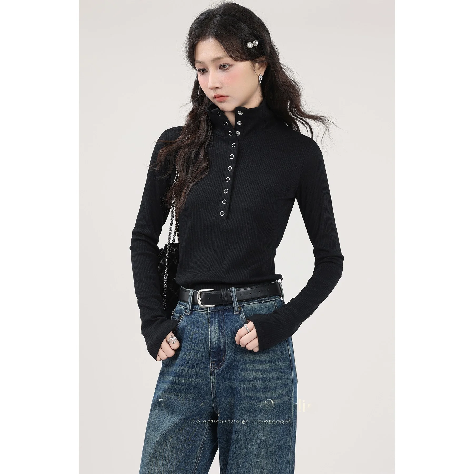 

Zhang Cola, осенняя новая вязаная футболка с длинным светом, женская облегающая футболка с высоким воротником, модный топ в Корейском стиле