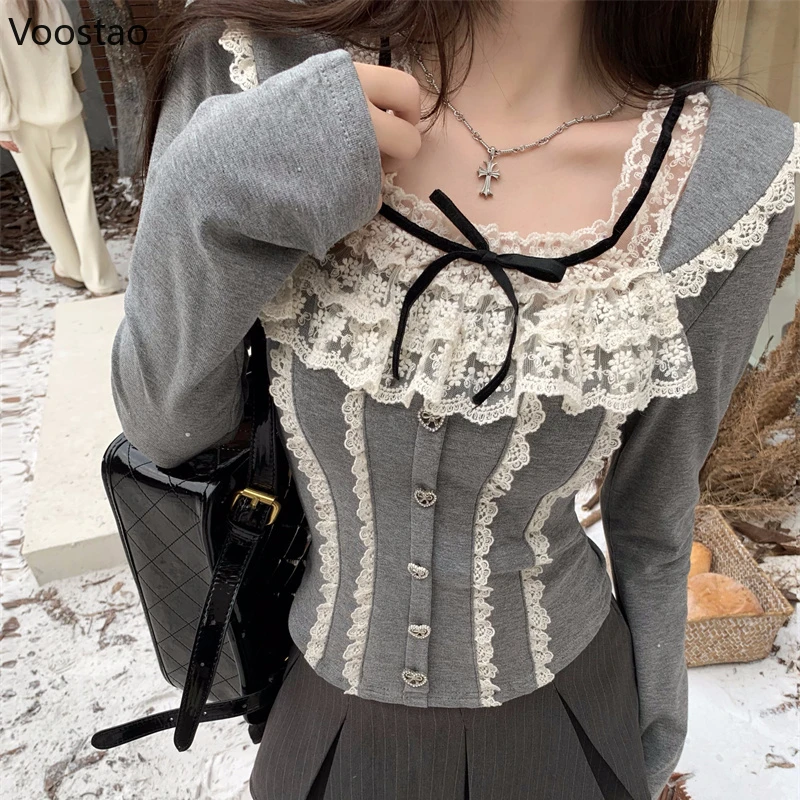 Autumn Winter Sweet Long Sleeve T-Shirts Women Elegant Lace Ruffles Patchwork Slim Blouses Female Casual Bow Lace-Up Y2k Tops