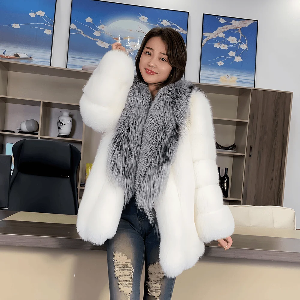 

Fashion New Imported Cross Fox Fur Coat For Women Mid-Length Winter Popular Full Leather Silver Fox Large Fur Collar Jacket