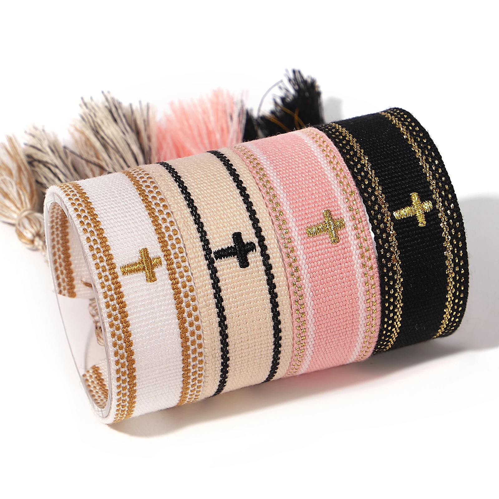 ANESOA Cross Stitch Wrist Strap Bohemia Hand-woven Tassel Bangle For Women Embroidery Personality Cotton Rope Webbing Bracelet