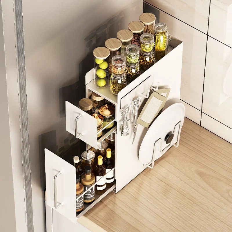 Multi functional kitchen supplies storage cabinet, dust-proof countertop, multi-layer pull-out seasoning shelf