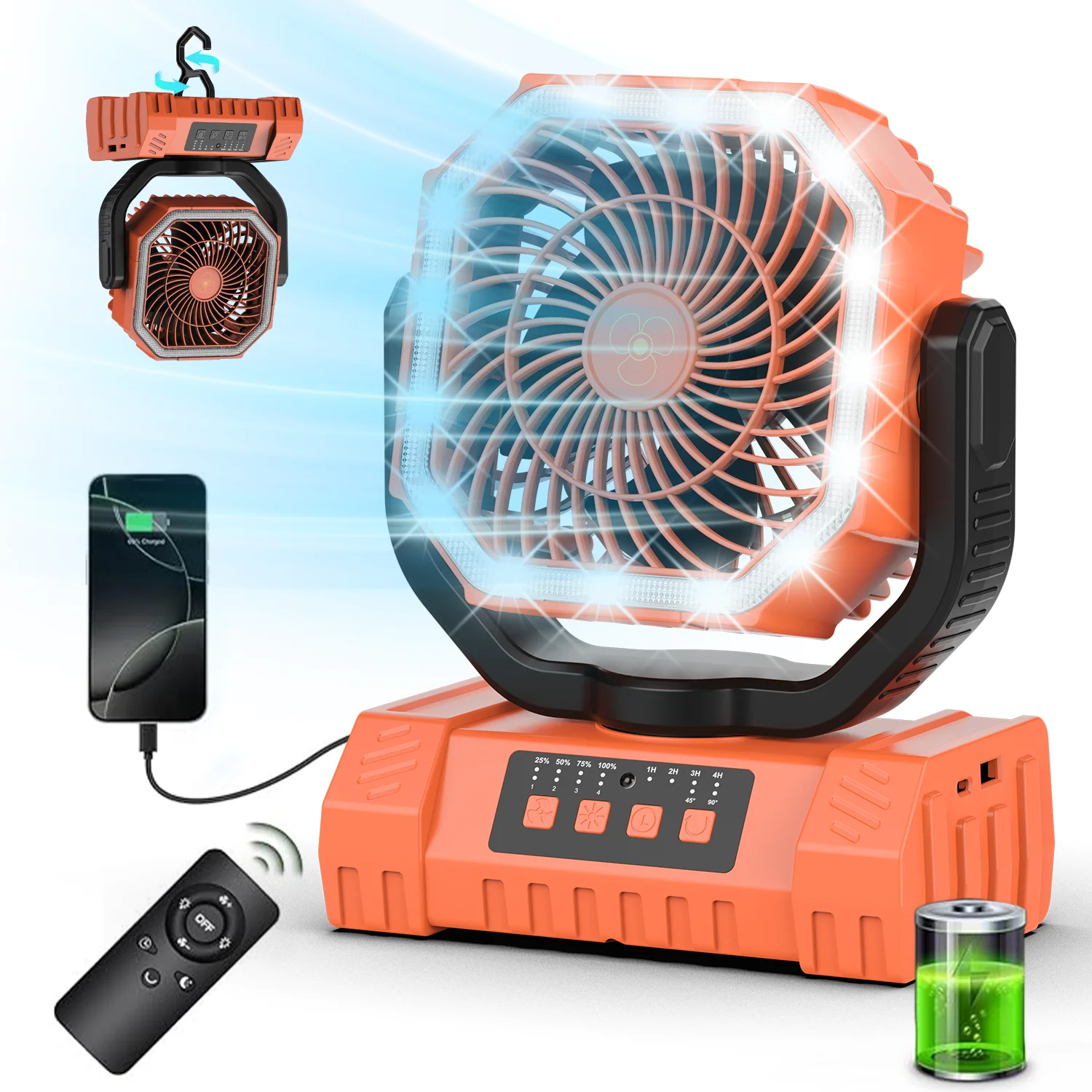 20000mAh Tent Fan, Rechargeable Camping Fans for Tents with Auto-Oscillation, Remote Timer LED Lantern, Hanging Hook 4 Speeds for Fishing Power Outage