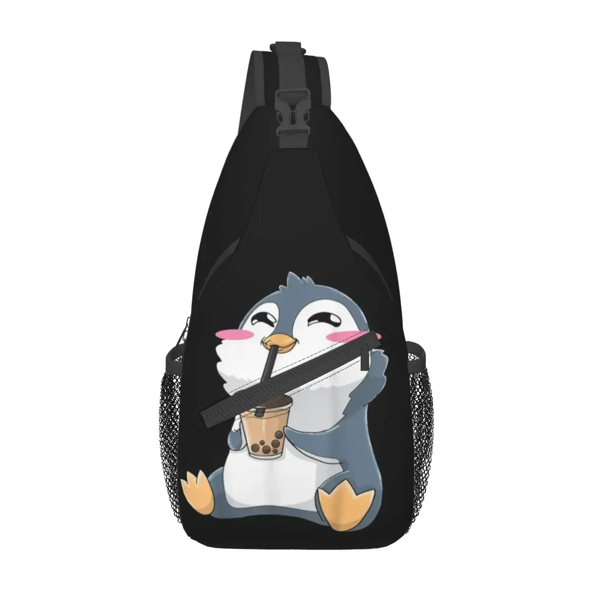 Penguin Boba Bubble Tea Milk Crossbody Sling Bag Small Chest Bag Anime Shoulder Backpack Daypack for Hiking Outdoor Biking Bag