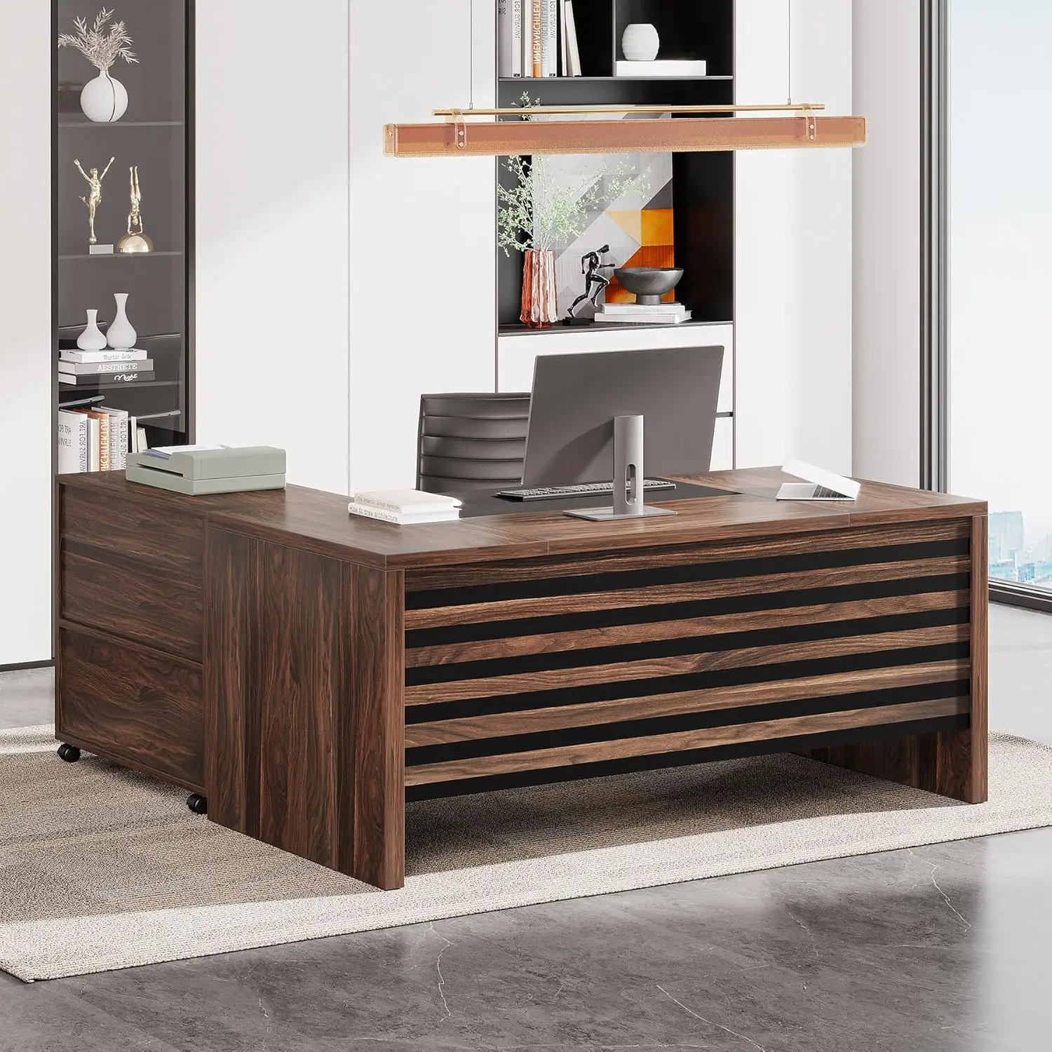 62.2인치 이그제큐티브 데스크(모바일 파일 캐비닛 포함), L자형 사무실 책상(수납 선반 포함), 다크 브라운