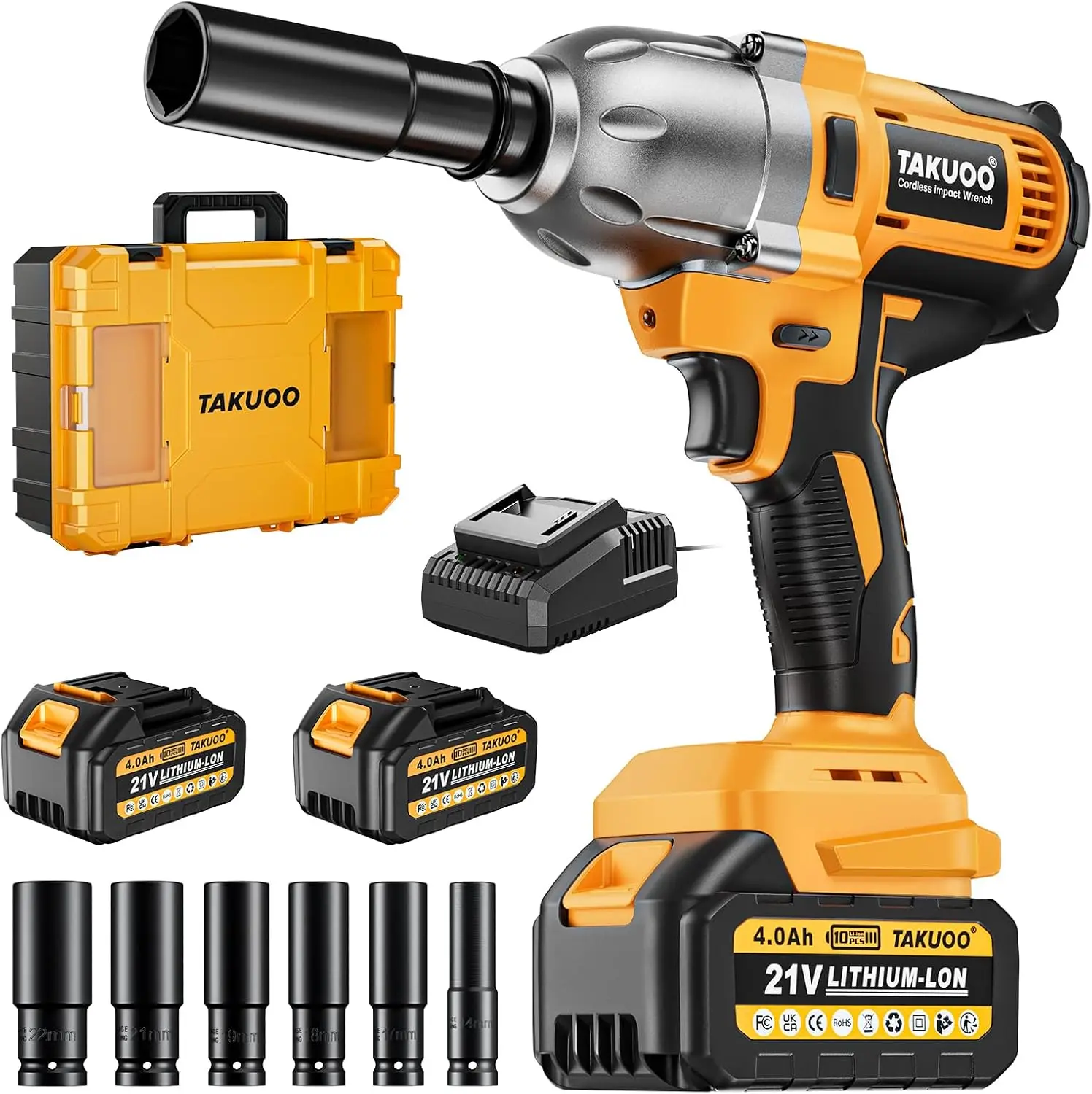 Max Torque (850N.m) 640Ft-lbs Electric Impact Gun w/2x 4000mAh Battery, Charger & 6 Sockets, Power Impact Driver for Car Home