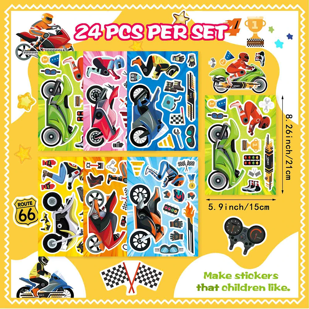 6/12Sheets DIY Motorcycle Make a Face Puzzle Stickers Kids Game Funny Assemble Jigsaw For Kids Boys Children Toys Party Gifts