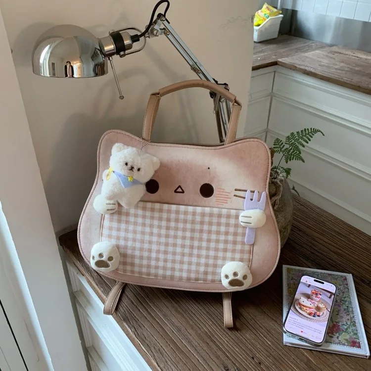 

2025 Новый рюкзак для тостов, женский японский милый кот, большая вместительная студенческая клетчатая повседневная школьная сумка