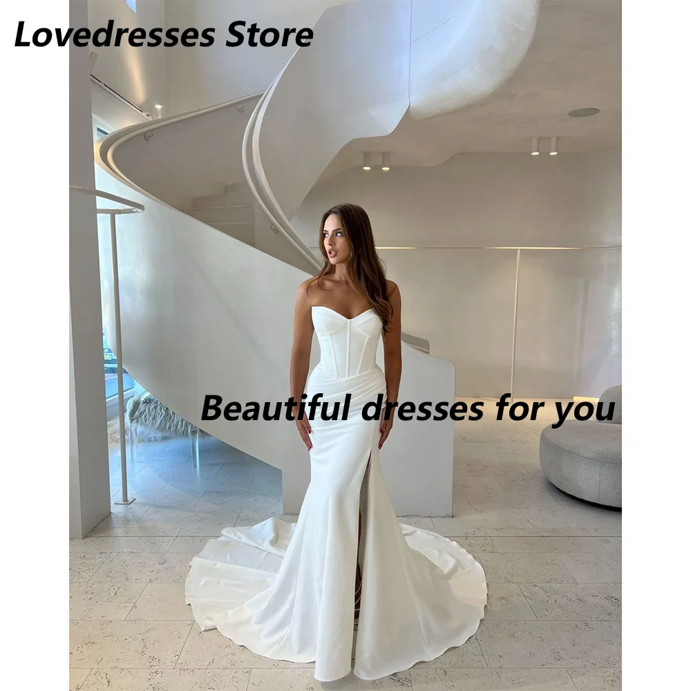 

Sexy Wedding Dress for Bride New Customized Sweetheart Neck Sleeveless Mermaid Draped Sweep Train Buttons Bridal Gown for Lady