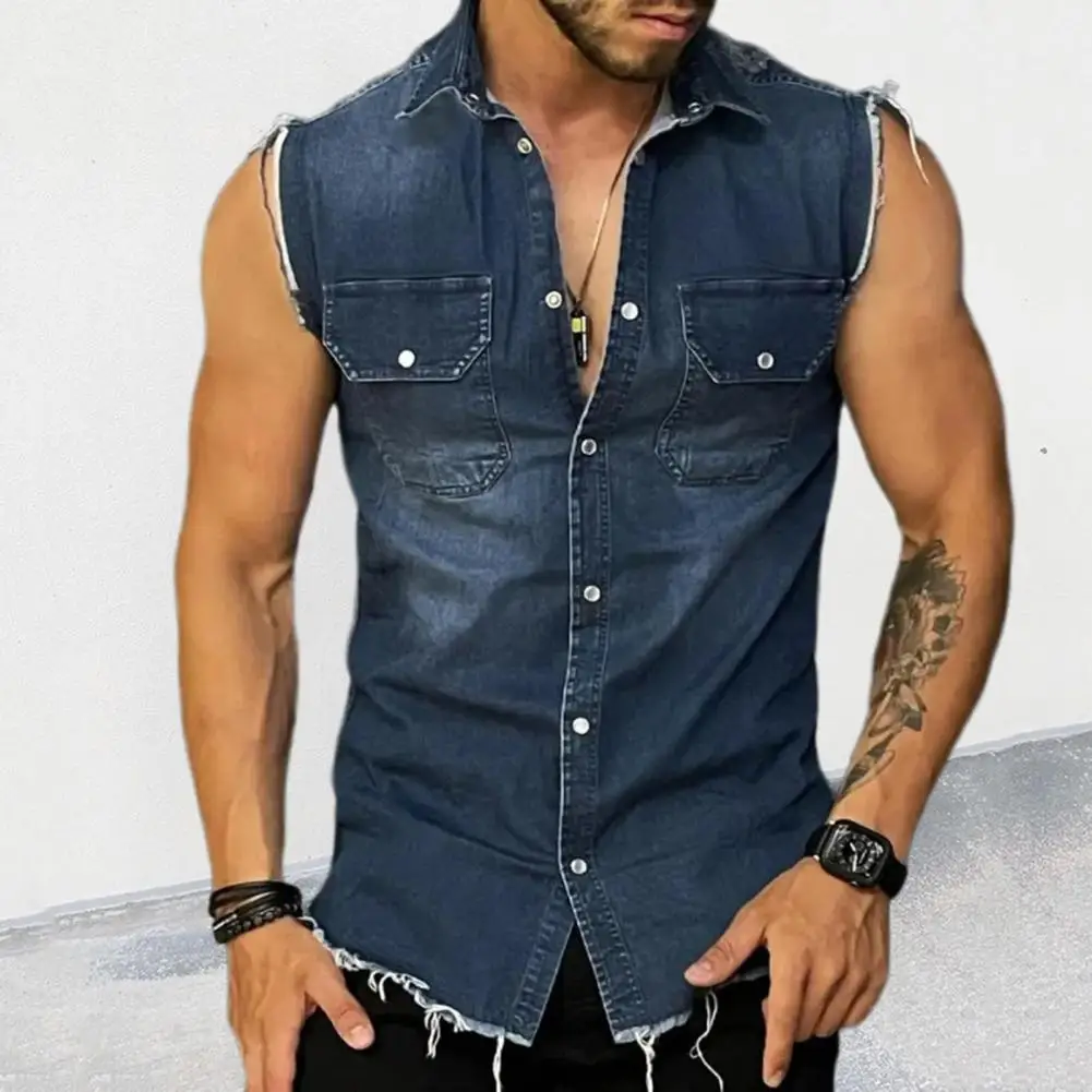 Lapel Sleeveless Vest Jacket Single-breasted Flap Pockets Tassel Men Summer Solid Color Denim Shirt Streetwear Show Body Muscle