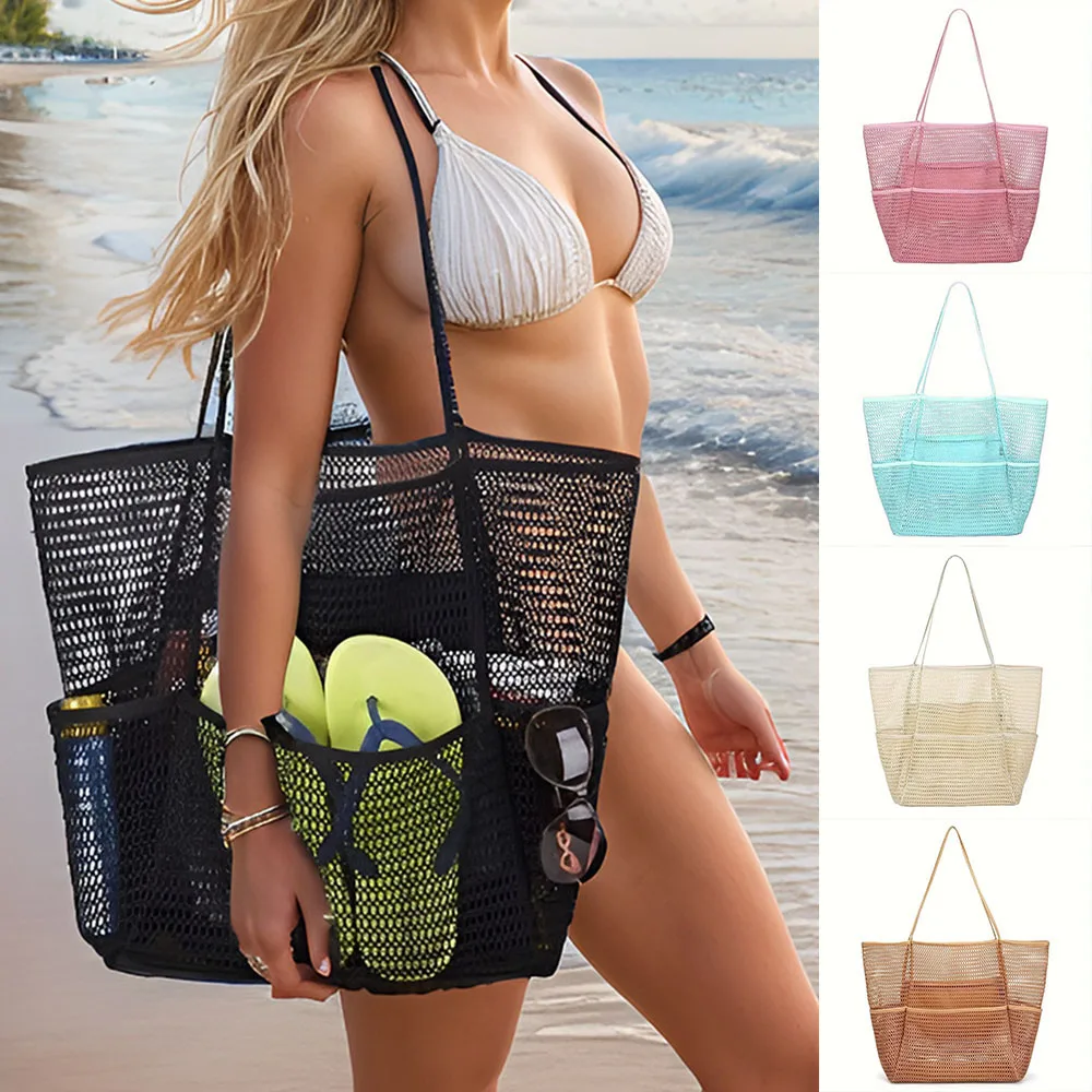 Summer Mesh Beach Bag Large Capacity Double-deck Bags Portable Travel Storage Bag Durable Quick Dry Handbag Multi Pockets Bags