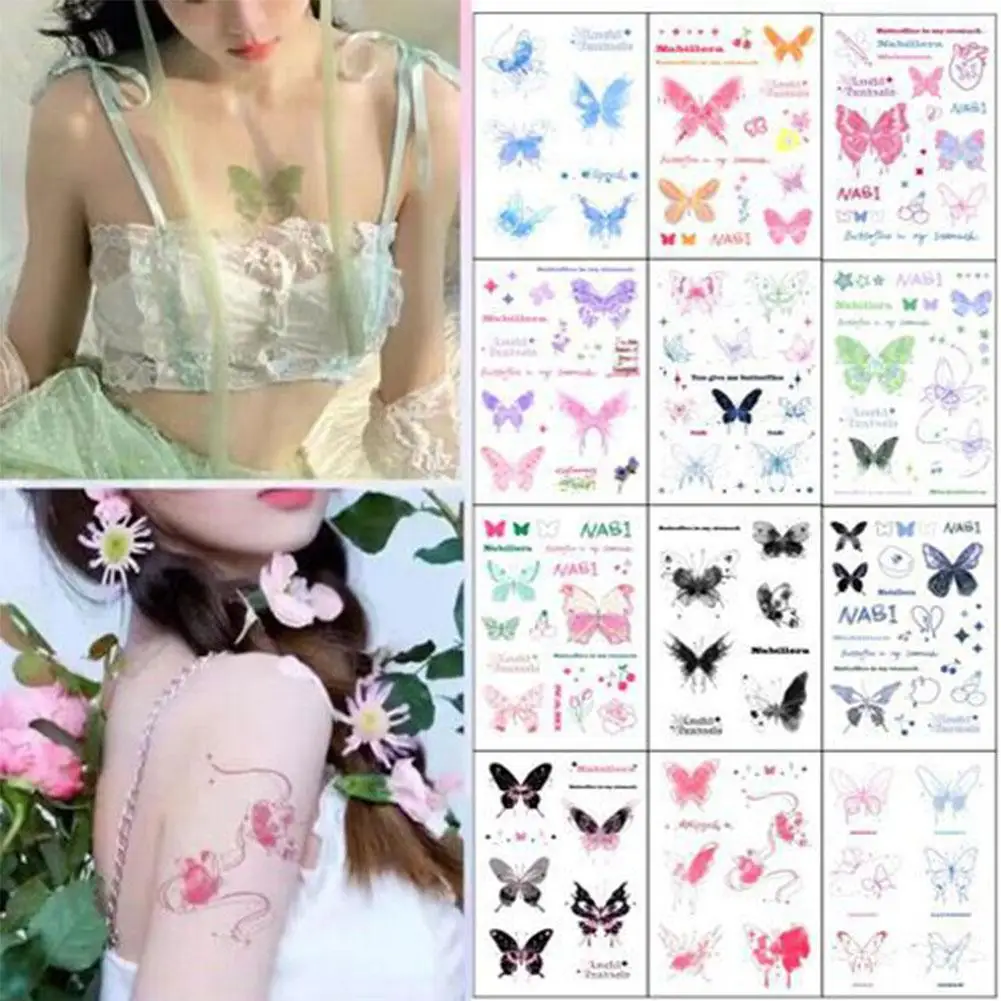 Wasserdichte rosa Schmetterling temporäre Tattoo Aufkleber selbst klebende langlebige Tattoo Aufkleber Frauen Körper Kunst Dekoration Make-up