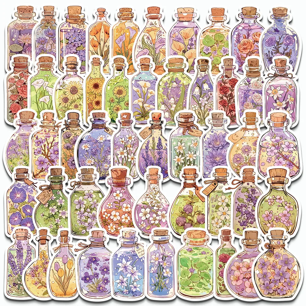 

50PCS Flower Glass Bottle Stickers Cartoon Vegetation Decals For Phone Case Laptop Skateboard Refrigerator Graffiti Stickers