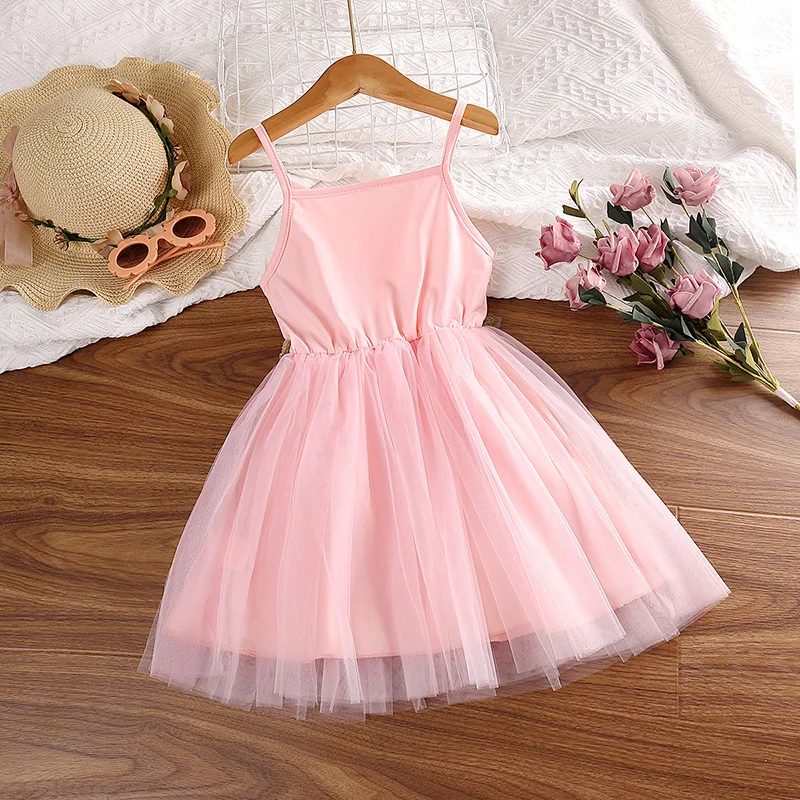 New Summer Kids Dress For Girls Pink Sling Mesh Dress Korean SweetPrincess Dress