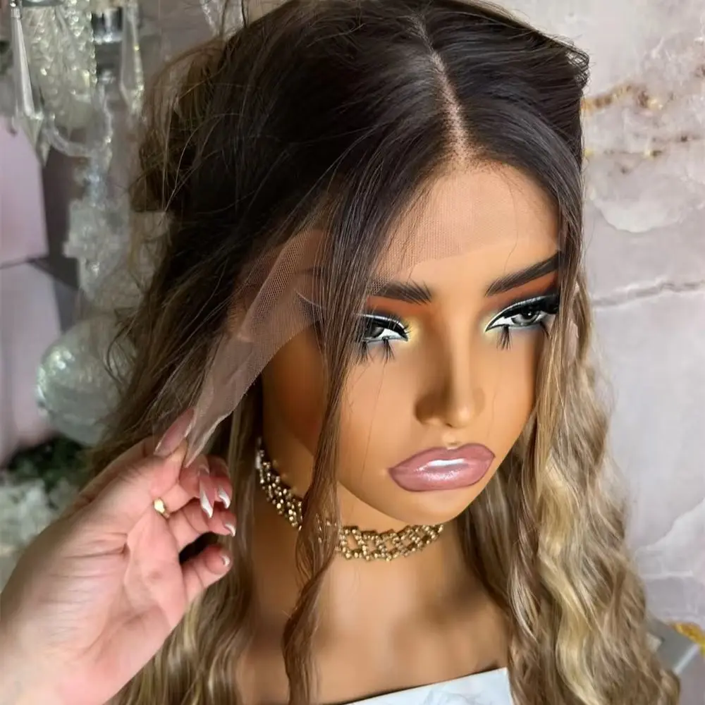 

Ombre Blonde Brown Highlights Synthetic HD Transparent Lace Front Wig with Roots for Women 32 Inches Soft Long Water Wave Wig