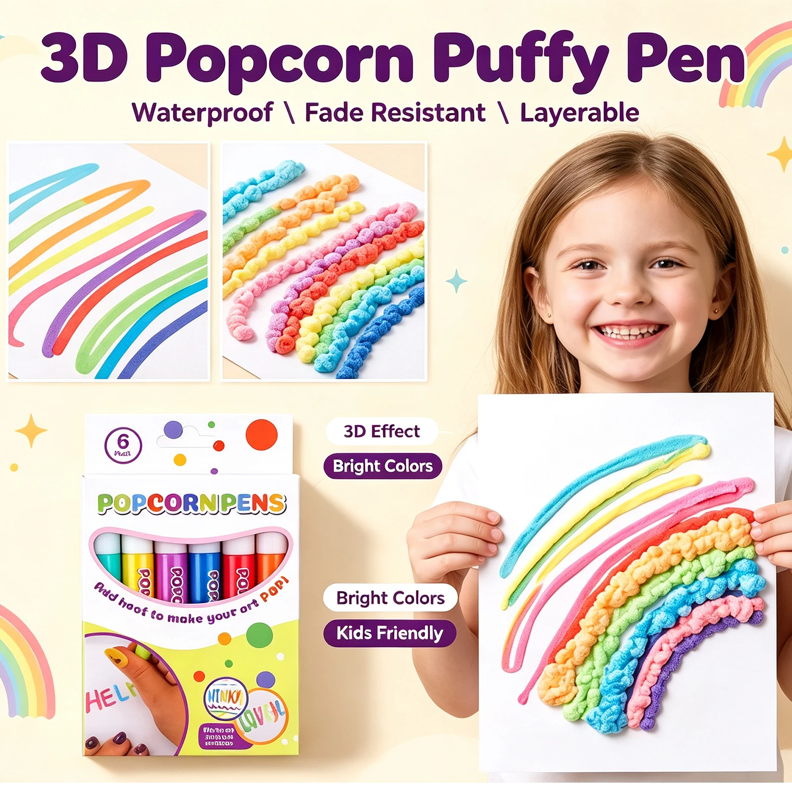 DIY 3D Bubble Popcorn Painting Pen Magic 6-Color Bubble Pen Art Pen Children's Painting Waterproof Fade Resistant Layerable