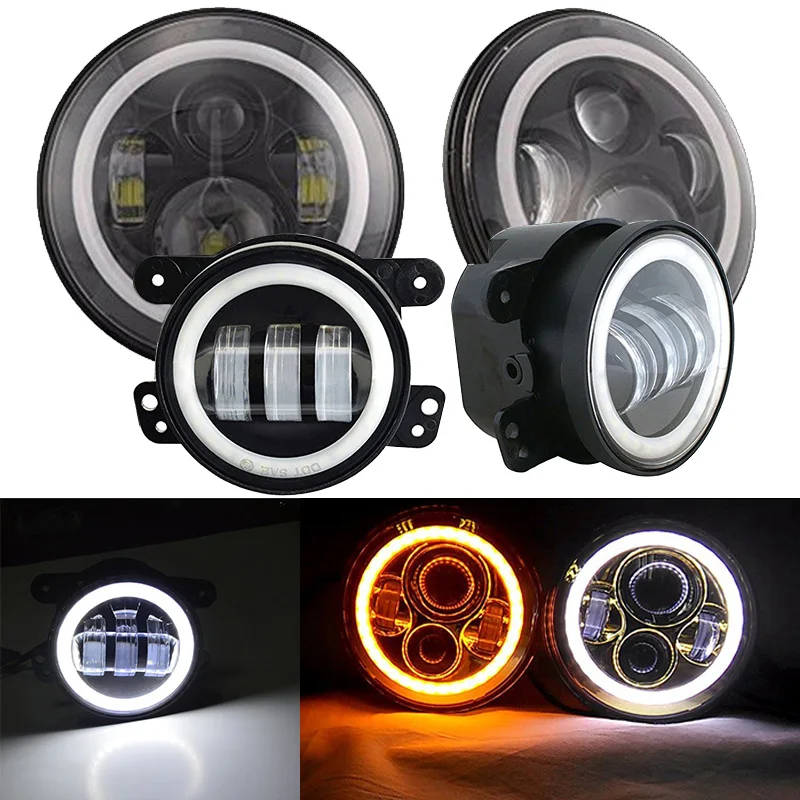 

4PCS White /Amber Halo Ring 7 Inch Headlight H4 Hi/Lo beam Projection Headlamp 4inch Led Fog light Lamps For Jeep Wrangler JK