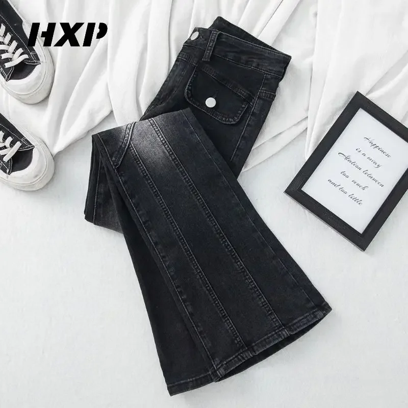 Black-gray high-waisted micro-la jeans female autumn 2024 new American retro fashion temperament slim flared pants.