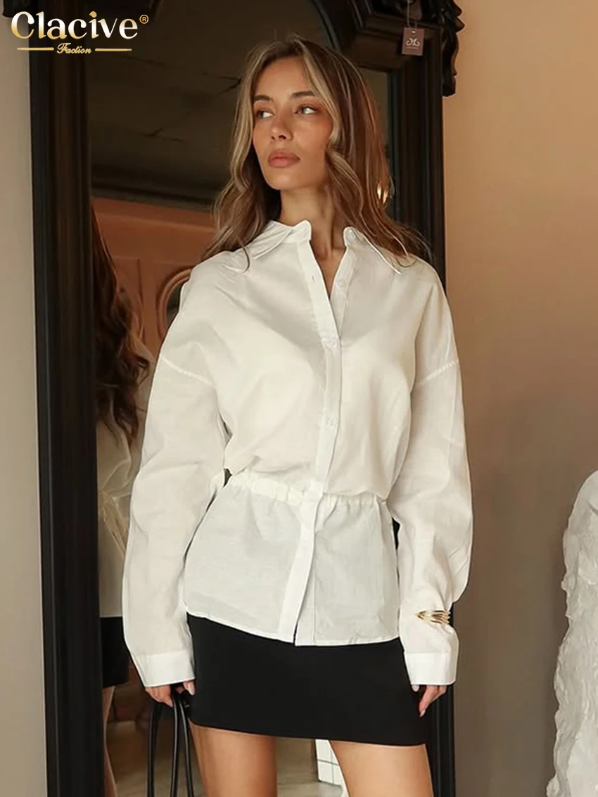 

Clacive Fashion Loose White Cotton Women's Shirt 2026 Spring Lapel Long Sleeve Blouses Elegant Classic Solid Top Female Clothing