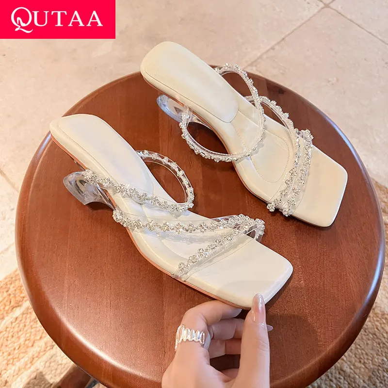 

QUTAA 2025 Fashion Sexy Women Sandals Shoes High Heels PVC Open Clip toe Party Slippers Shoes Slingback Dress Size 34-39