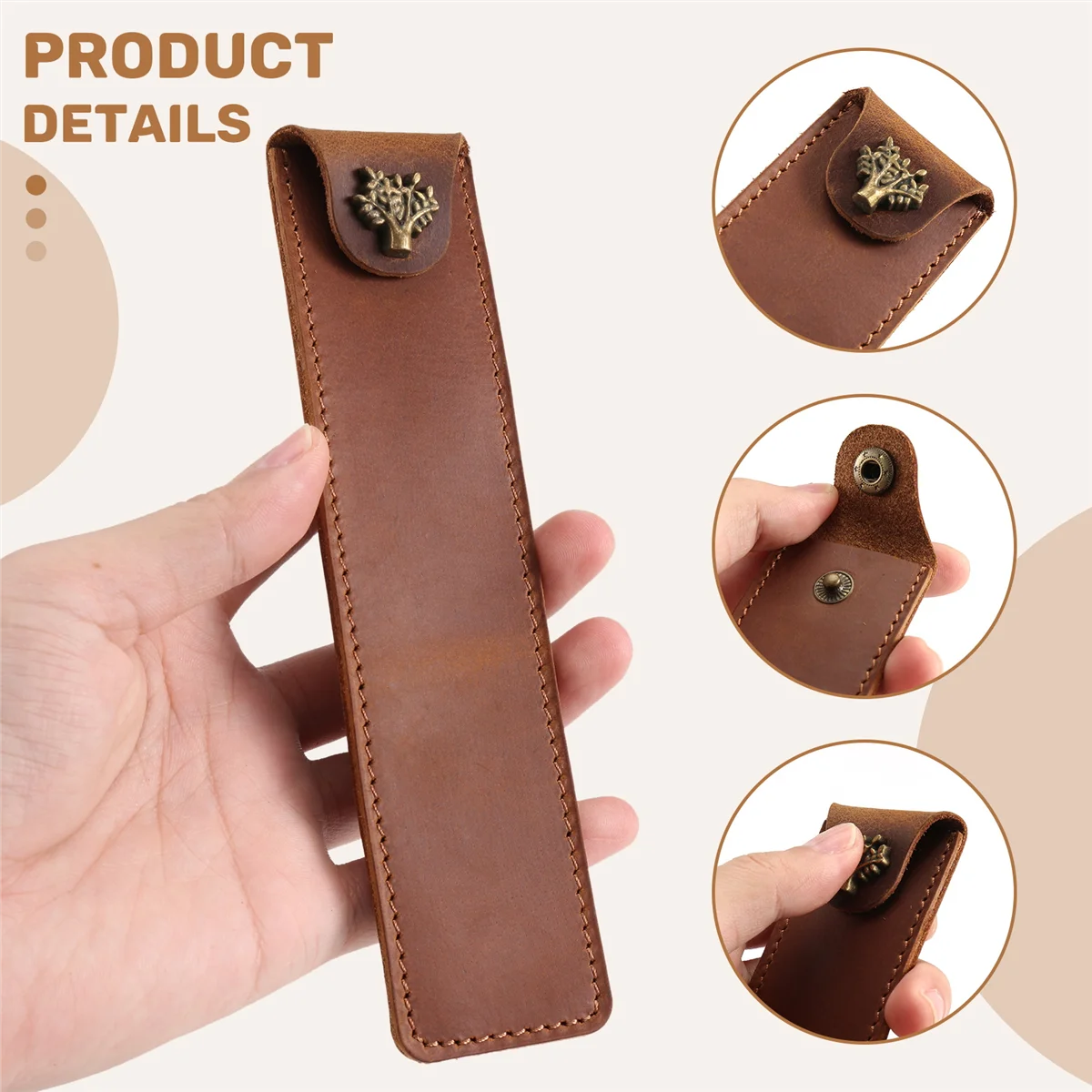 Genuine Leather Pen Pouch Holder Single Pencil Bag Pen Case with Snap Button for Rollerball Fountain Ballpoint Pen-Brown