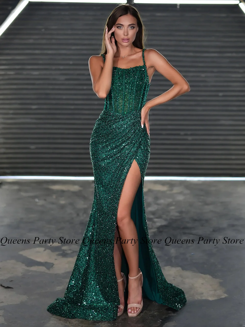 Sparkling Mermaid Evening Dress Sexy Spaghetti Straps Stones High Slit Sweep Train See Through Party Gown Woman Prom Dresses