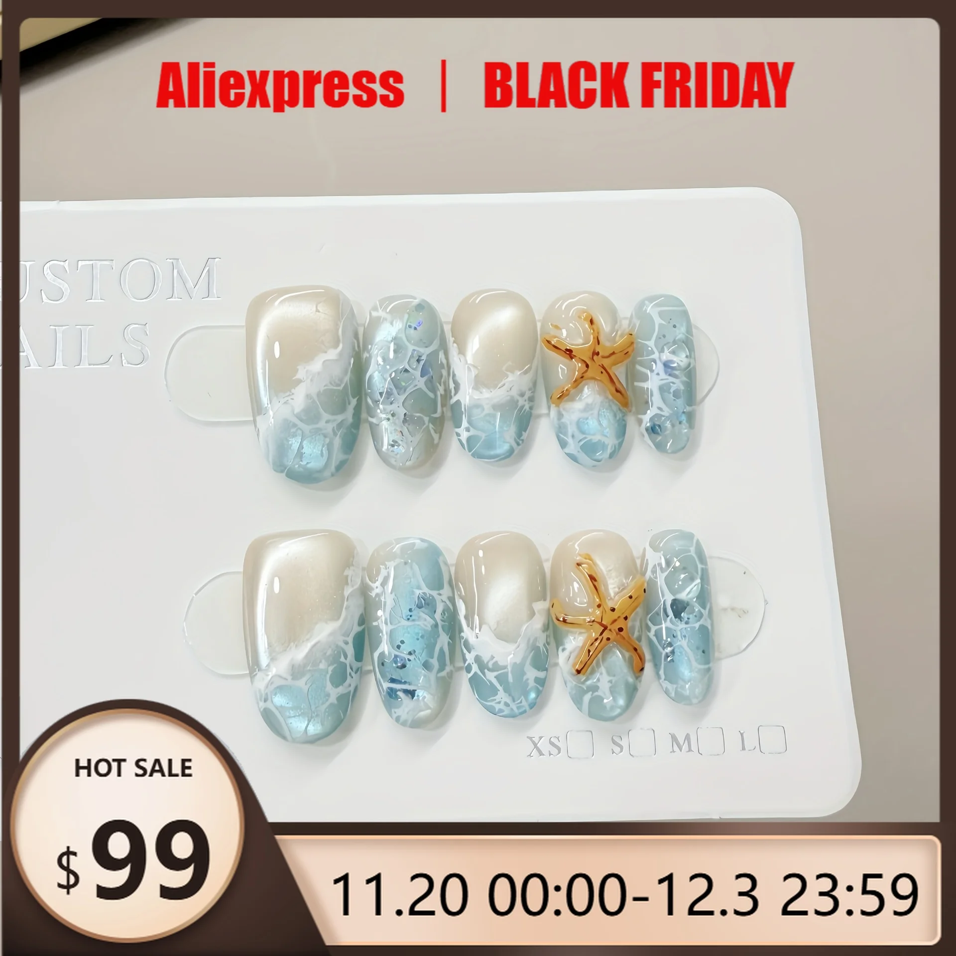 

10pcs Handmade Press on Nails Summer Wave Ripple Starfish Full Coverage Nail Tips for Women&Girl Detachable Wearable Nail