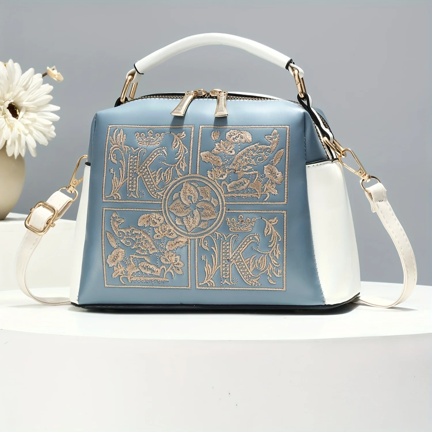 Elegant Embroidered Pattern Crossbody Bag, PU Leather Double Layer Zipper Handbag, Perfect Shoulder Bag For Daily Use Faraday