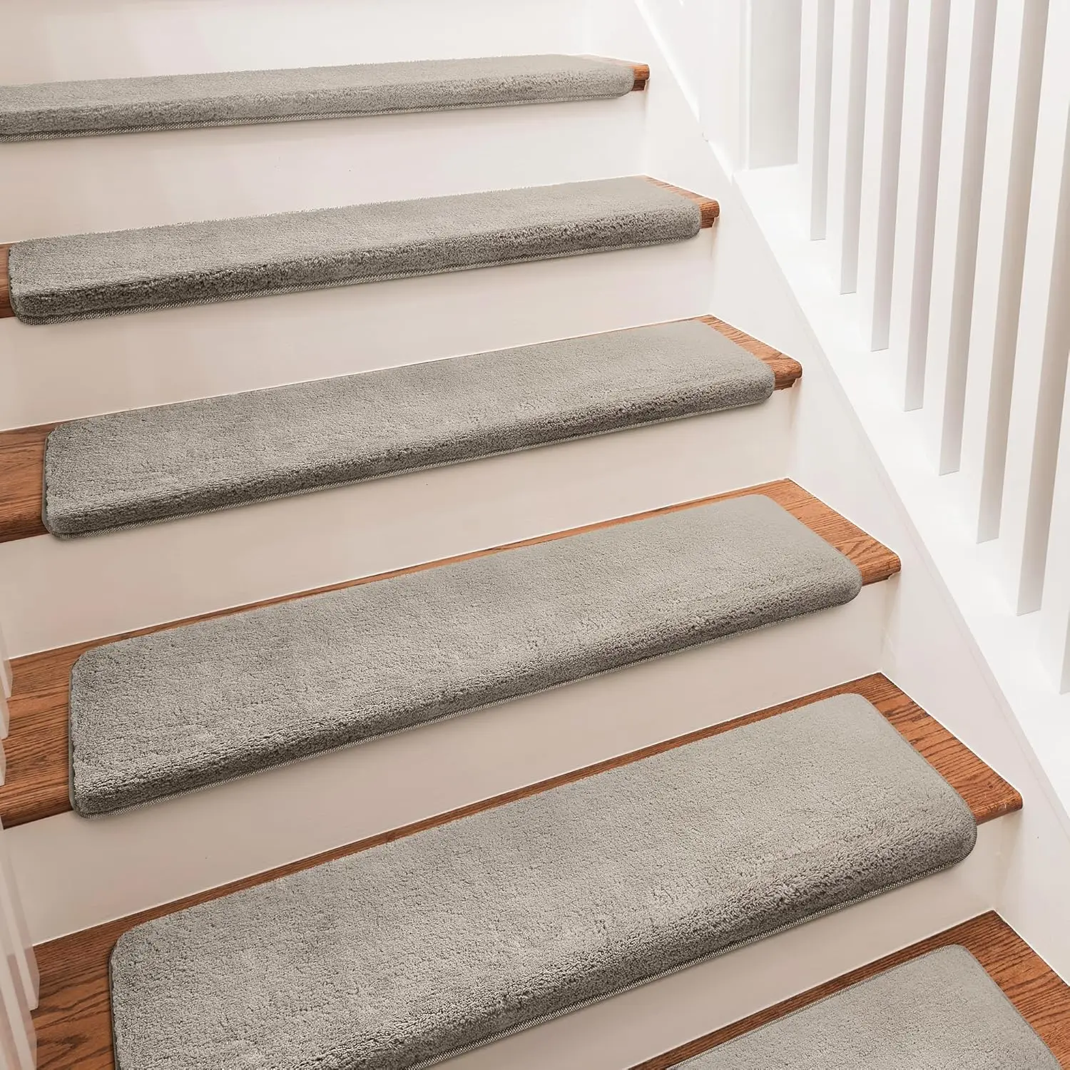 

Ultra Plush Carpet Stair Treads, 9.5" x 30", Non-Slip Pet-Friendly Washable Indoor Protectors (14 Pieces, Cream Gray)