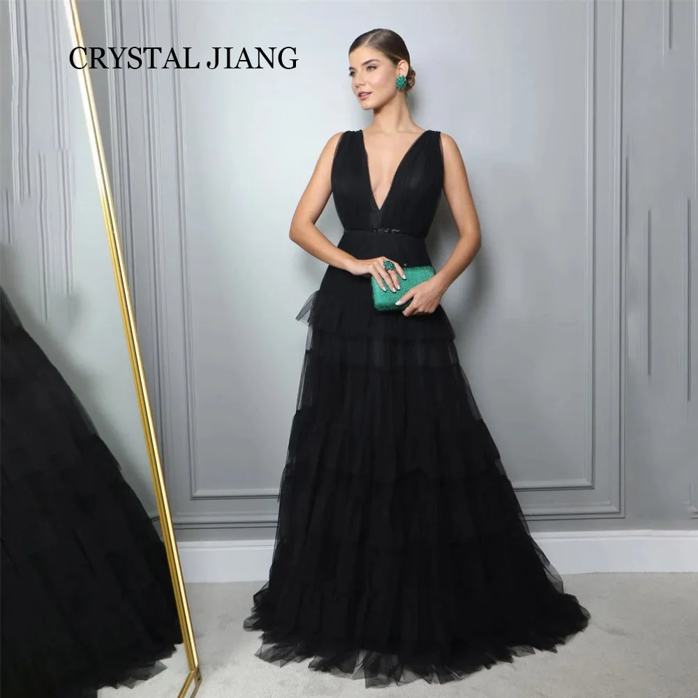 

Vestido Formatura Black V Neck Tulle Prom Dresses Sleeveless Backless A Line Floor Length Party Gowns for Women