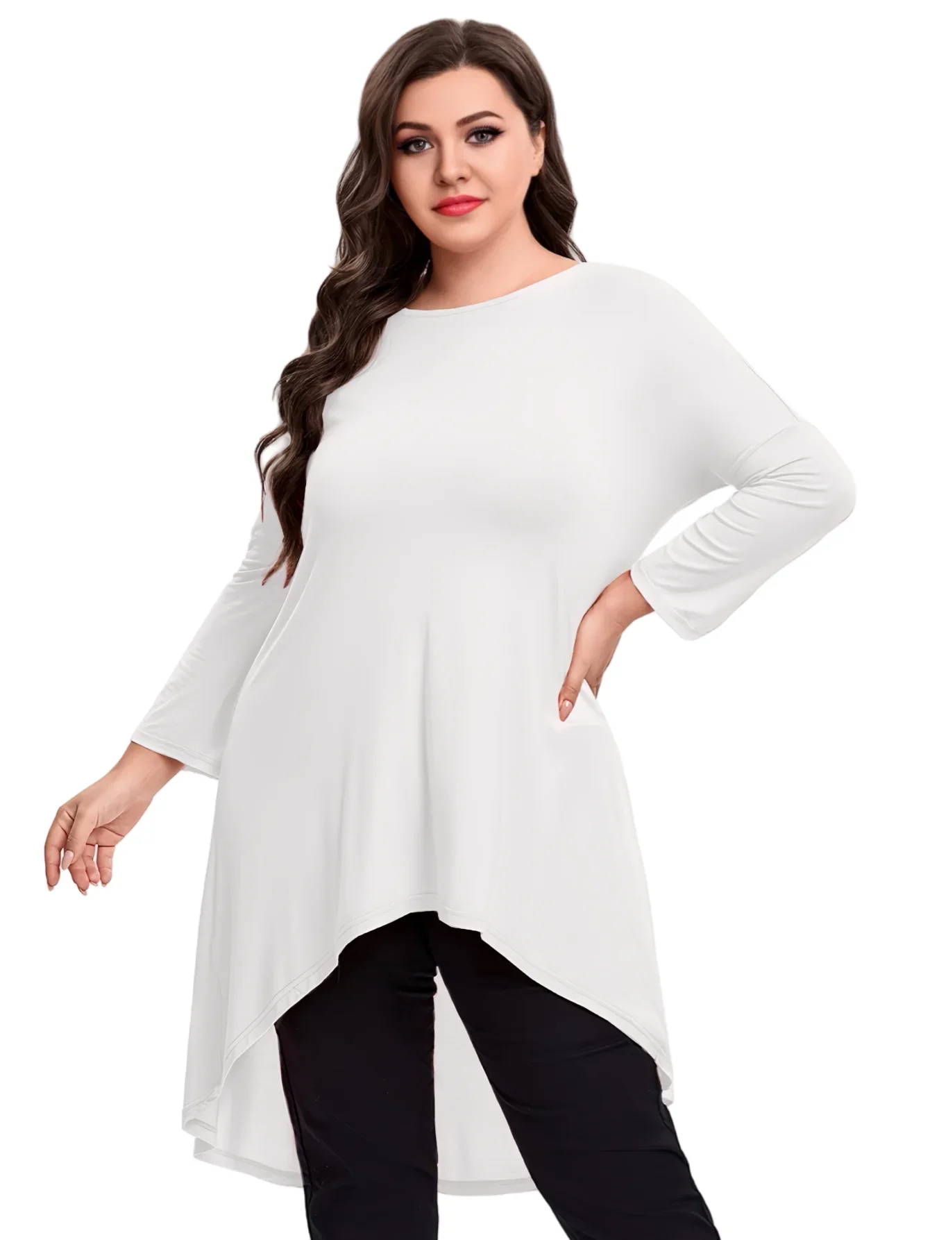 Womens Plus Size Long Sleeve Hi Low Tunic Tops Long Loose Fit Flare Basic Swing Blouse Tops Shirt For Leggings