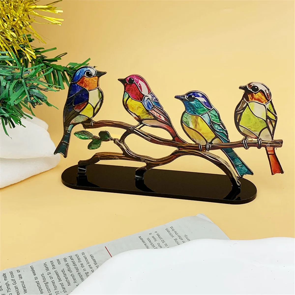 ABIY Stained Birds on Branch Desktop Ornaments Double Sided AcrylicFlatness Table Art Home Room Decoration