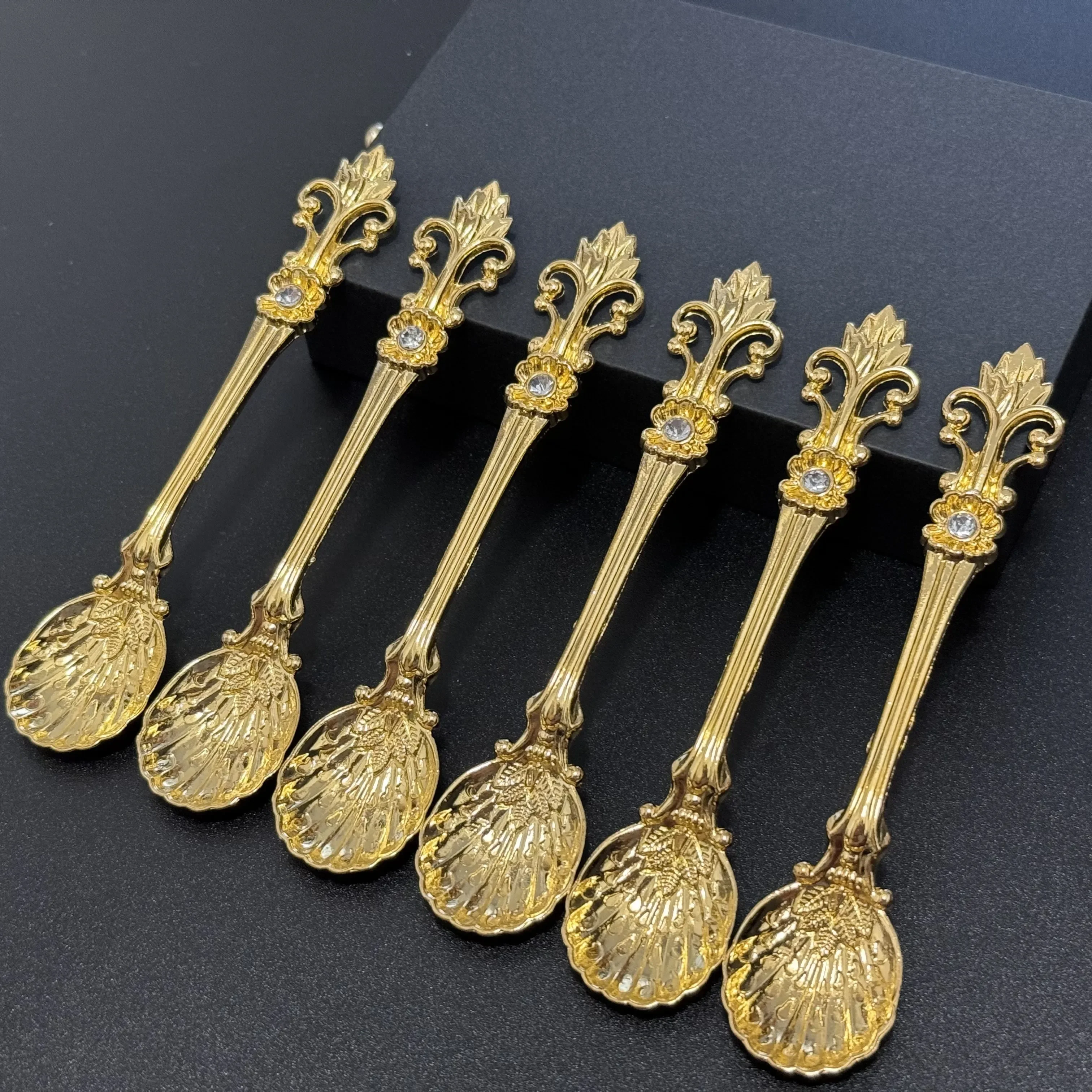 6pcs Elegant Baroque-style Gold-plated Teaspoon With Gorgeous Floral Design, Eid Al-Adha Mubarak Decor, Jewel Embellishments, Su