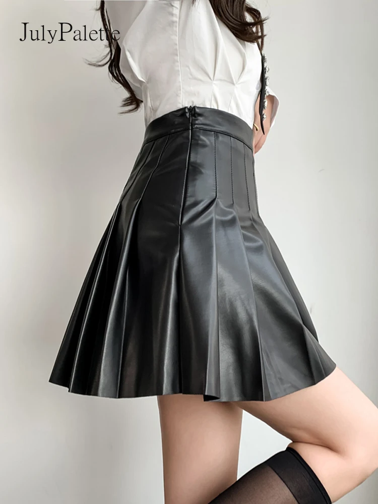 JulyPalette Spring Summer Pleated Leather Skirts Women A-line Short Skirts 2023 Streetwear High Waist Female Faux Leather Skirts