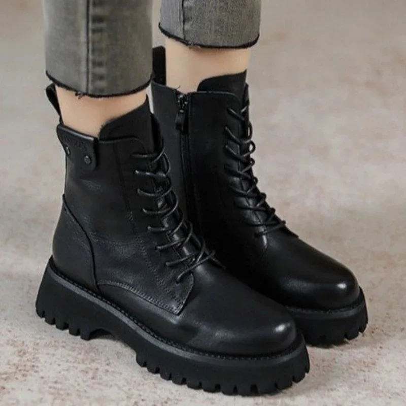 

Trend Brand Lace Up Ankle Boots Round Toe Platform Shoes Woman Leisure Flats Short Boots Black Thick Sole Boots Women Shoes