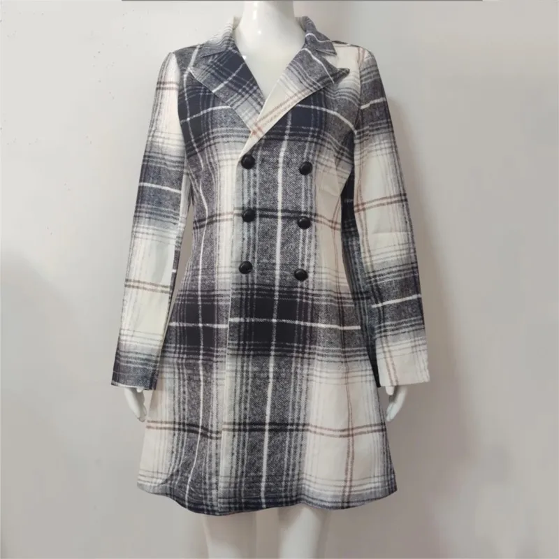 Autumn Plaid Coat Dress Women Causal Office Ladies V-neck Double Breasted Slim Coat Dresses For Woman