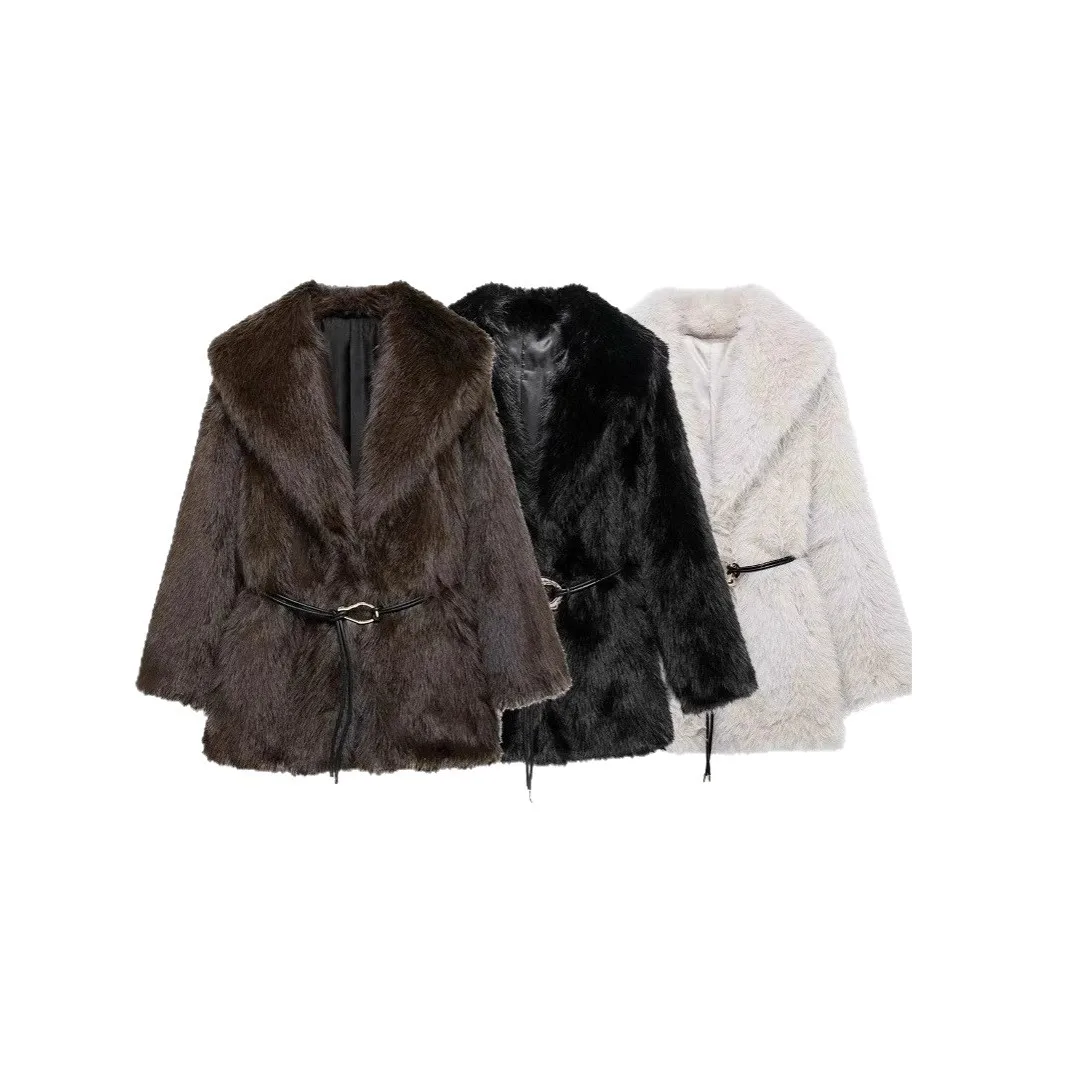 เสื้อโค้ทขนเฟอร์เทียมสำหรับผู้หญิง แขนยาว คอปกตั้ง แต่งเข็มขัด  ขนฟู  ความยาวปานกลาง  สไตล์หรูหรา  สำหรับฤดูหนาว