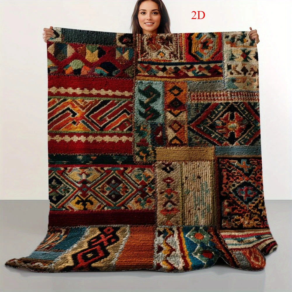 Vintage Geometric Pattern Cozy Throw Blanket, Retro Boho Art Couch Bed Warm Wrap for Nap, All Season Decor Gift