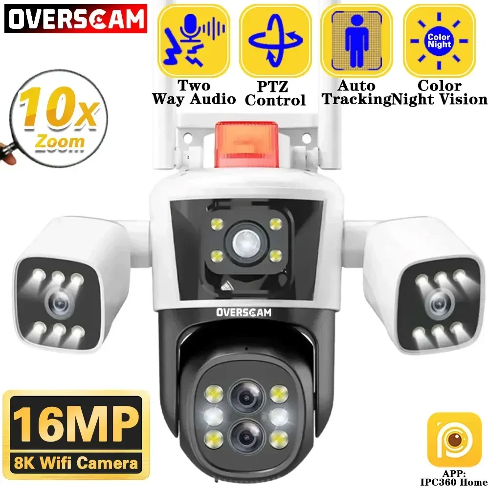 Cámara IP WiFi con Zoom 10X, 16MP, 8K, tres lentes, vista panorámica para exteriores, PTZ, seguimiento inteligente, protección de seguridad, vigilancia de calle IPC360