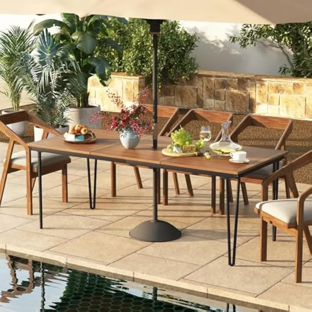 79 Inch Outdoor Table with 1.9 Inch Umbrella Hole, Metal Legs & Adjustable Foot Pads, 8-Person, Rectangular Patio Table