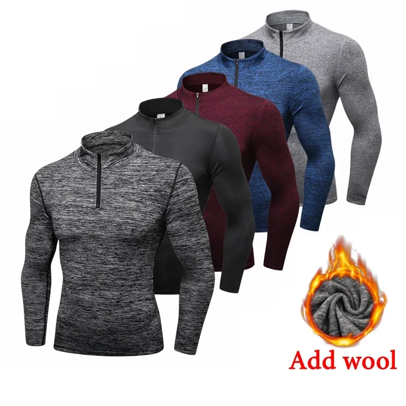 Winter Warm Fleece Half Zipper Sports Shirts Men Gym Fitness Tights Quickly Dry Men's Running T-shirt Train Exercise Sportswear