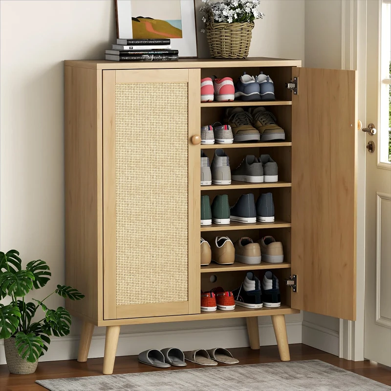 Rattan Shoe Cabinet, Shoe Storage Cabinet For Entryway Hallway, 2 Door Accent Cabinet , Sideboard Storage Cabinet