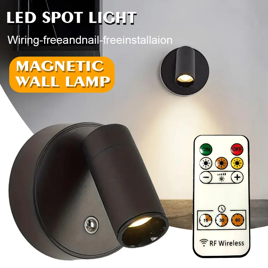 

1 шт. перезаряжаемый магнитный светодиодный настенный светильник -360 ° Поворотный сенсорный фонарь с дистанционным управлением, настенный прожектор для шкафа, ночник