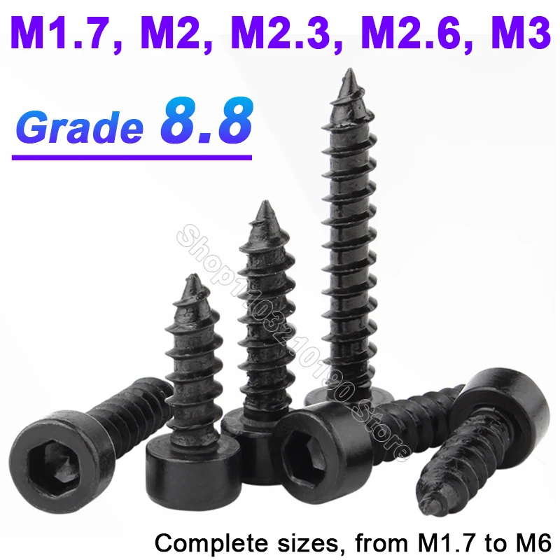 20-300Pcs M1.7 M2 M2.3 M2.6 M3 Hex Hexagon Socket Cap Head Self Tapping Screw 8.8 Grade Black Allen Cup Head Screw for Speaker