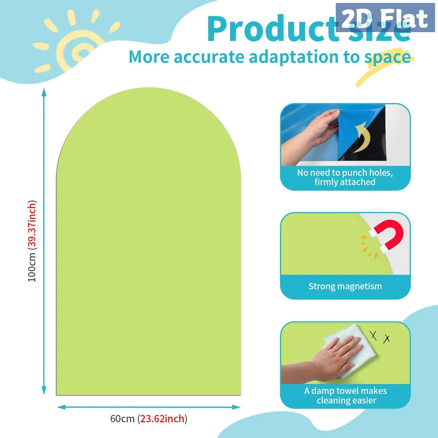 1 قطعة ملصق حائط على شكل سبورة بيضاء مقوسة قابلة للفصل باللون الأخضر الفاتح، ديكور غرفة المعيشة وغرفة النوم