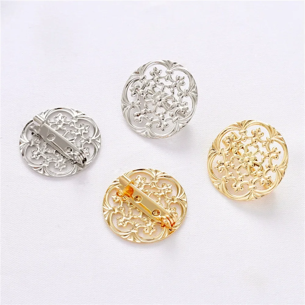 14K Gold Bag Color-preserving Platinum Hollow Pattern Tray Brooch Holder Disc Pin Button DIY Corsage Accessories Material